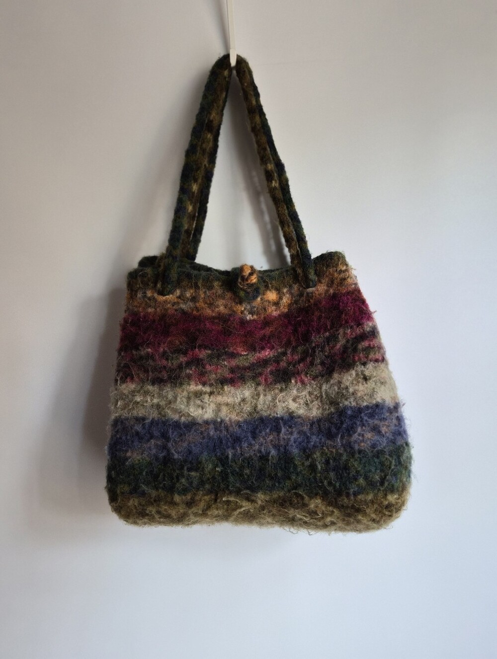 Boho Cottagecore Felted Wool Hobo Bag Handmade Striped Earth Tone Shoulder Bag